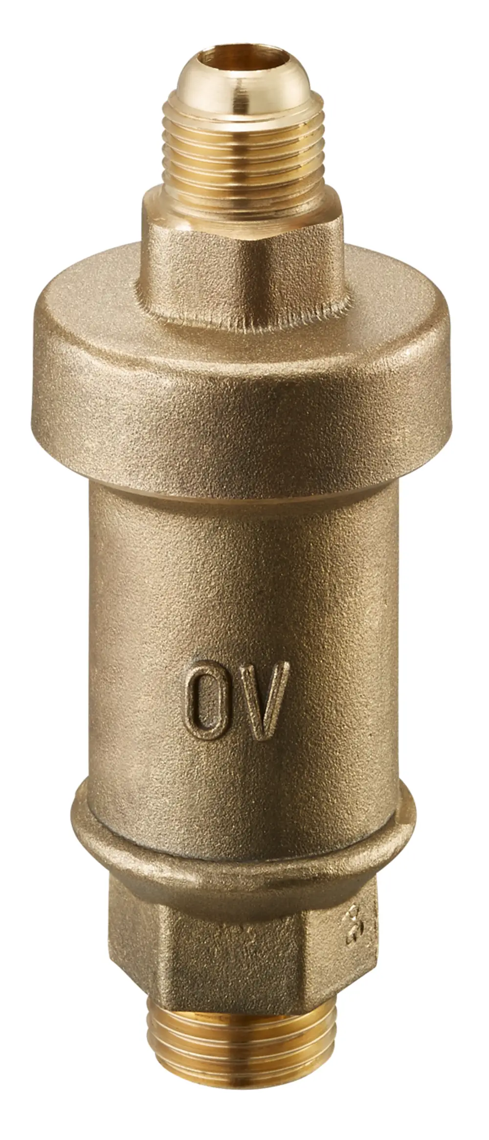 Brass valve with threaded connections, featuring a cylindrical body and multiple ports. Marked with "OV" indicating the manufacturer Oventrop.